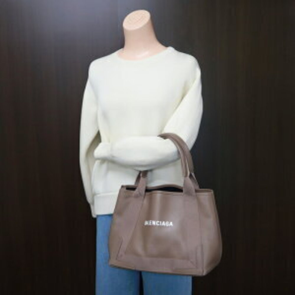 BALENCIAGA Navy Blue Cabas Tote Bag Mink Gray Leather Canvas - Picture 6 of 6